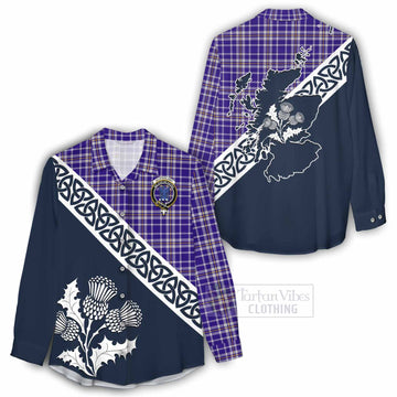 Ochterlony Tartan Women's Casual Shirt Featuring Thistle and Scotland Map - Tartan Vibes Clothing