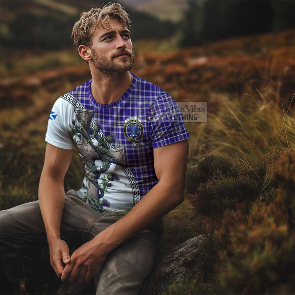 Tartan Vibes Clothing Ochterlony Agnew Tartan T-Shirt with Family Crest and St. Andrew's Cross Accented by Thistle Vines