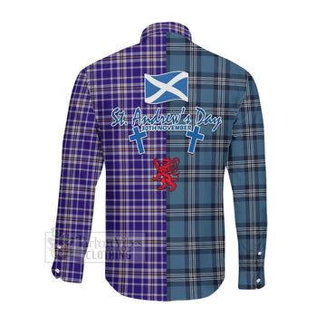Ochterlony Tartan Long Sleeve Button Shirt Happy St. Andrew's Day Half Tartan Style Men's Shirt - Tartan Vibes Clothing