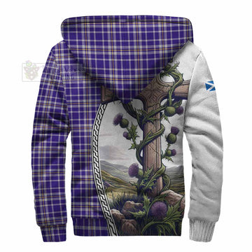 Ochterlony Tartan Sherpa Hoodie with Family Crest and St. Andrew's Cross Accented by Thistle Vines - Tartan Vibes Clothing