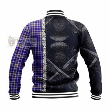 Ochterlony Tartan Baseball Jacket with Family Crest Cross Sword Thistle Celtic Vibes - Tartan Vibes Clothing