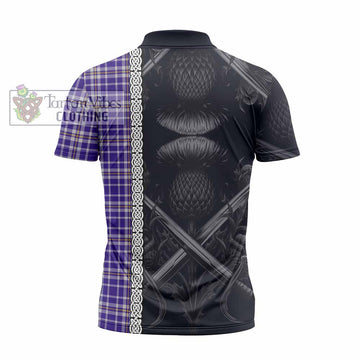 Ochterlony Tartan Zipper Polo Shirt with Family Crest Cross Sword Thistle Celtic Vibes - Tartan Vibes Clothing