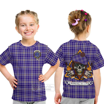 Ochterlony Tartan Kid T-Shirt with Family Crest and Bearded Skull Holding Bottles of Whiskey - Tartan Vibes Clothing