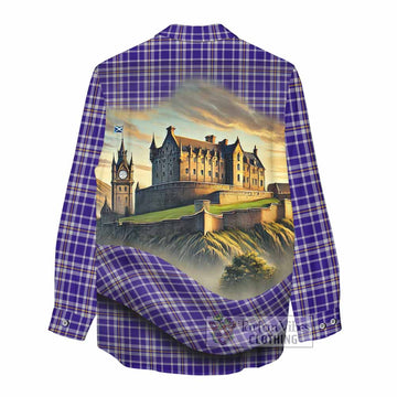 Ochterlony Tartan Family Crest Women's Casual Shirt with Scottish Ancient Castle Style - Tartan Vibes Clothing