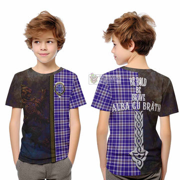 Tartan Vibes Clothing Ochterlony Tartan Family Crest Kid T-Shirt Alba Gu Brath Be Brave Lion Ancient Style