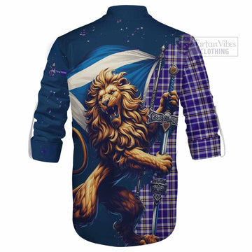 Ochterlony Tartan Family Crest Ghillie Kilt Shirt with Scottish Majestic Lion - Tartan Vibes Clothing