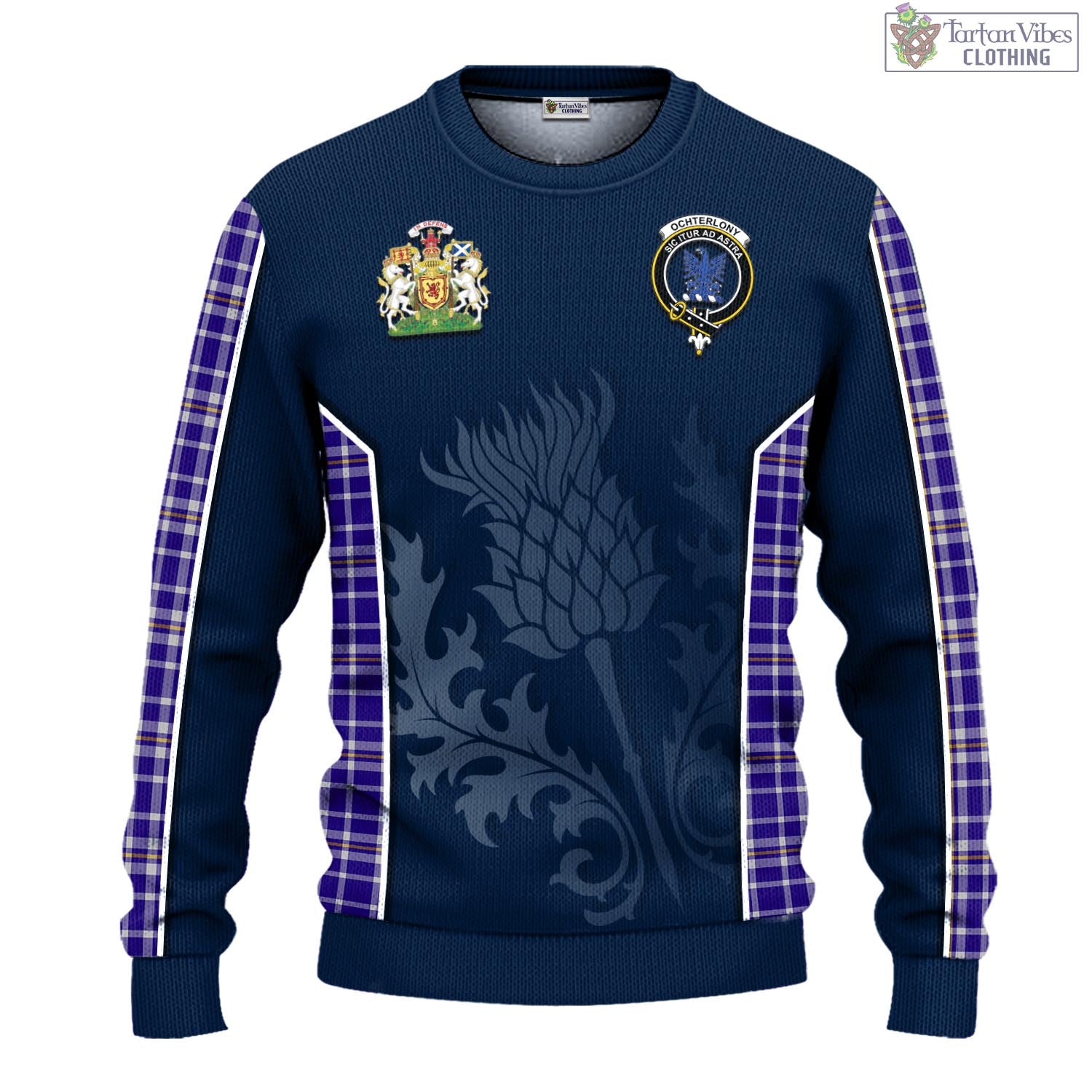 Ochterlony Tartan Knitted Sweatshirt with Family Crest and Scottish Thistle Vibes Sport Style - Tartan Vibes Clothing