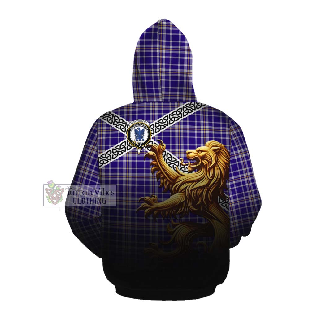 Ochterlony Crest Tartan Cotton Hoodie with Golden Lion Emblem Celtic Style Pullover Hoodie - Tartan Vibes Clothing