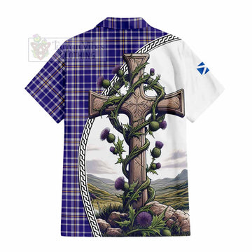 Ochterlony Tartan Hawaiian Shirt with Family Crest and St. Andrew's Cross Accented by Thistle Vines - Tartan Vibes Clothing