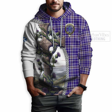 Ochterlony Tartan Hoodie with Family Crest and St. Andrew's Cross Accented by Thistle Vines - Tartan Vibes Clothing