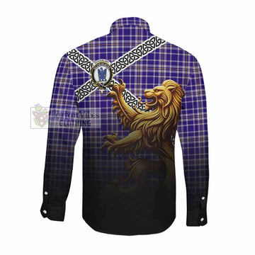 Ochterlony Crest Tartan Long Sleeve Button Shirt with Golden Lion Emblem Celtic Style Men's Shirt - Tartan Vibes Clothing