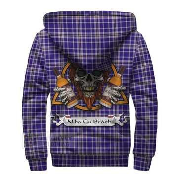 Ochterlony Tartan Sherpa Hoodie with Family Crest and Bearded Skull Holding Bottles of Whiskey - Tartan Vibes Clothing