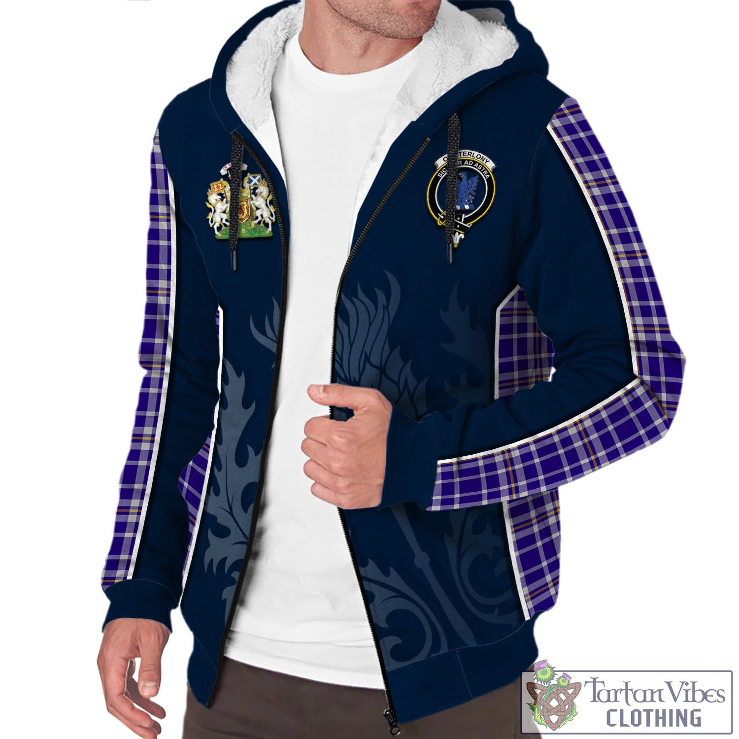 Tartan Vibes Clothing Ochterlony Tartan Sherpa Hoodie with Family Crest and Scottish Thistle Vibes Sport Style