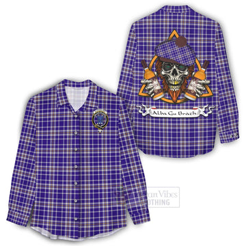 Ochterlony Tartan Women's Casual Shirt with Family Crest and Bearded Skull Holding Bottles of Whiskey - Tartan Vibes Clothing