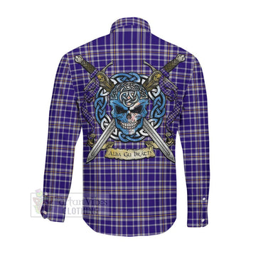 Ochterlony Tartan Long Sleeve Button Shirt with Family Crest Celtic Skull Style Men's Shirt - Tartan Vibes Clothing