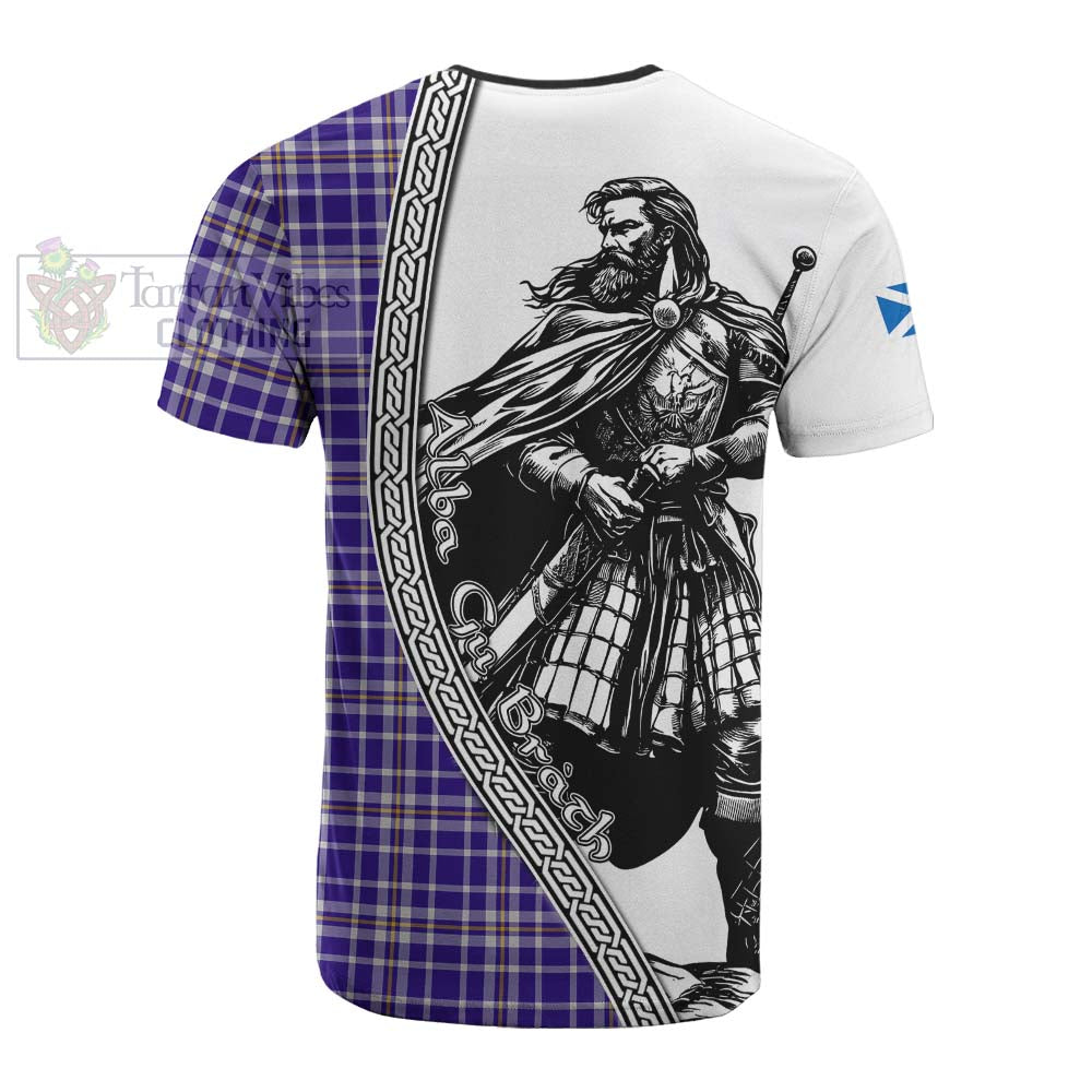 Ochterlony Tartan Clan Crest Cotton T-shirt with Highlander Warrior Celtic Style
