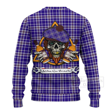 Ochterlony Tartan Ugly Sweater with Family Crest and Bearded Skull Holding Bottles of Whiskey - Tartan Vibes Clothing