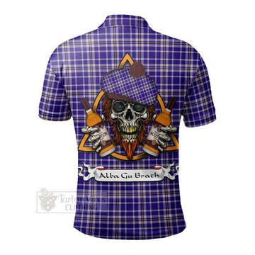 Ochterlony Tartan Polo Shirt with Family Crest and Bearded Skull Holding Bottles of Whiskey - Tartan Vibes Clothing