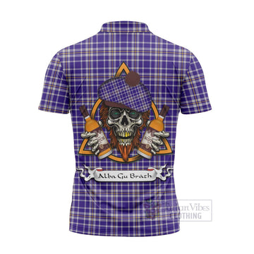 Ochterlony Tartan Zipper Polo Shirt with Family Crest and Bearded Skull Holding Bottles of Whiskey - Tartan Vibes Clothing