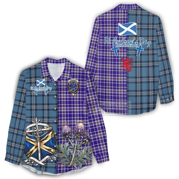 Ochterlony Tartan Women's Casual Shirt Happy St. Andrew's Day Half Tartan Style - Tartan Vibes Clothing