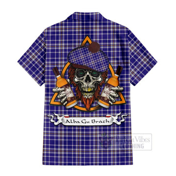 Ochterlony Tartan Hawaiian Shirt with Family Crest and Bearded Skull Holding Bottles of Whiskey - Tartan Vibes Clothing