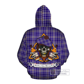 Ochterlony Tartan Cotton Hoodie with Family Crest and Bearded Skull Holding Bottles of Whiskey Pullover Hoodie - Tartan Vibes Clothing