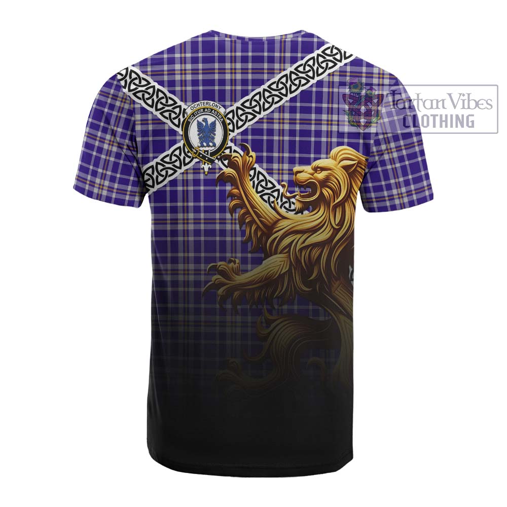 Ochterlony Crest Tartan Cotton T-shirt with Golden Lion Emblem Celtic Style - Tartan Vibes Clothing