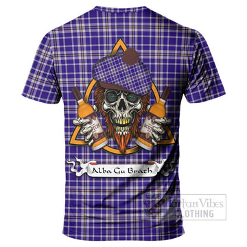 Ochterlony Tartan T-Shirt with Family Crest and Bearded Skull Holding Bottles of Whiskey