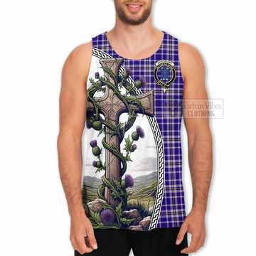 Ochterlony Tartan Men's Tank Top with Family Crest and St. Andrew's Cross Accented by Thistle Vines - Tartan Vibes Clothing