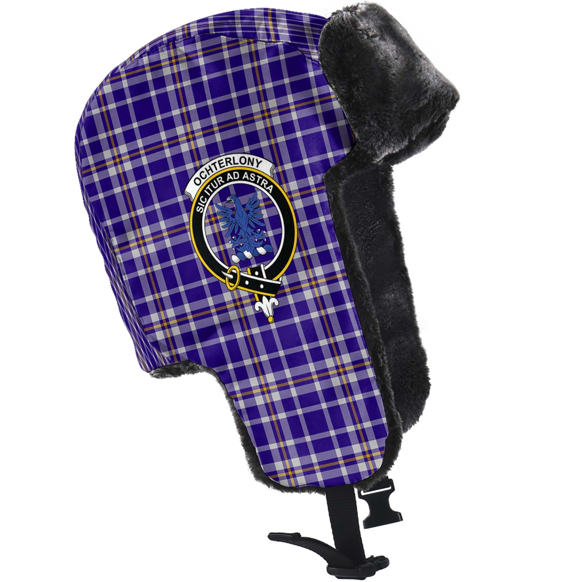 Ochterlony Tartan Winter Trapper Hat with Family Crest - Tartanvibesclothing