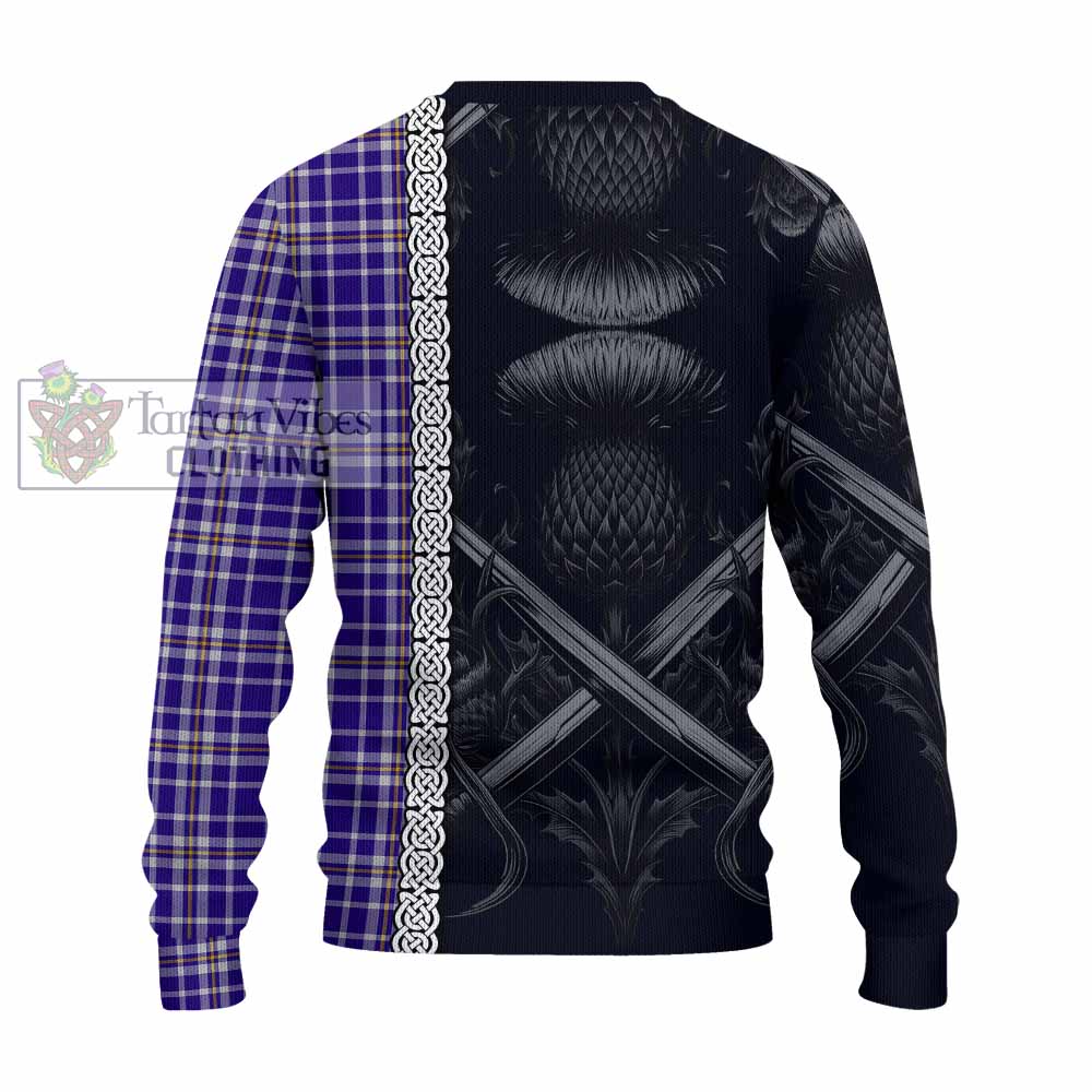 Ochterlony Tartan Knitted Sweater with Family Crest Cross Sword Thistle Celtic Vibes - Tartan Vibes Clothing