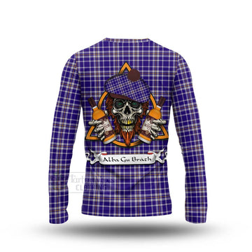 Ochterlony Tartan Long Sleeve T-Shirt with Family Crest and Bearded Skull Holding Bottles of Whiskey - Tartan Vibes Clothing