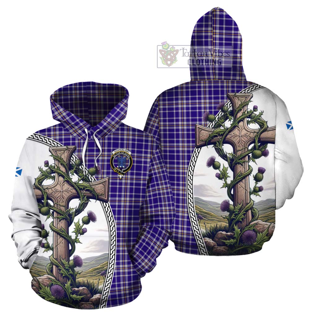 Tartan Vibes Clothing Ochterlony Tartan Cotton Hoodie with Family Crest and St. Andrew's Cross Accented by Thistle Vines