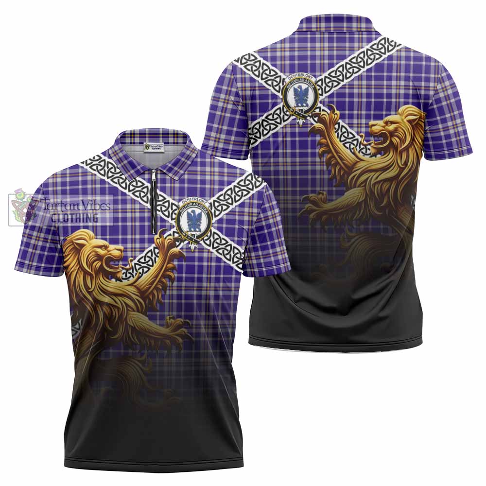 Ochterlony Crest Tartan Zipper Polo Shirt with Golden Lion Emblem Celtic Style - Tartan Vibes Clothing