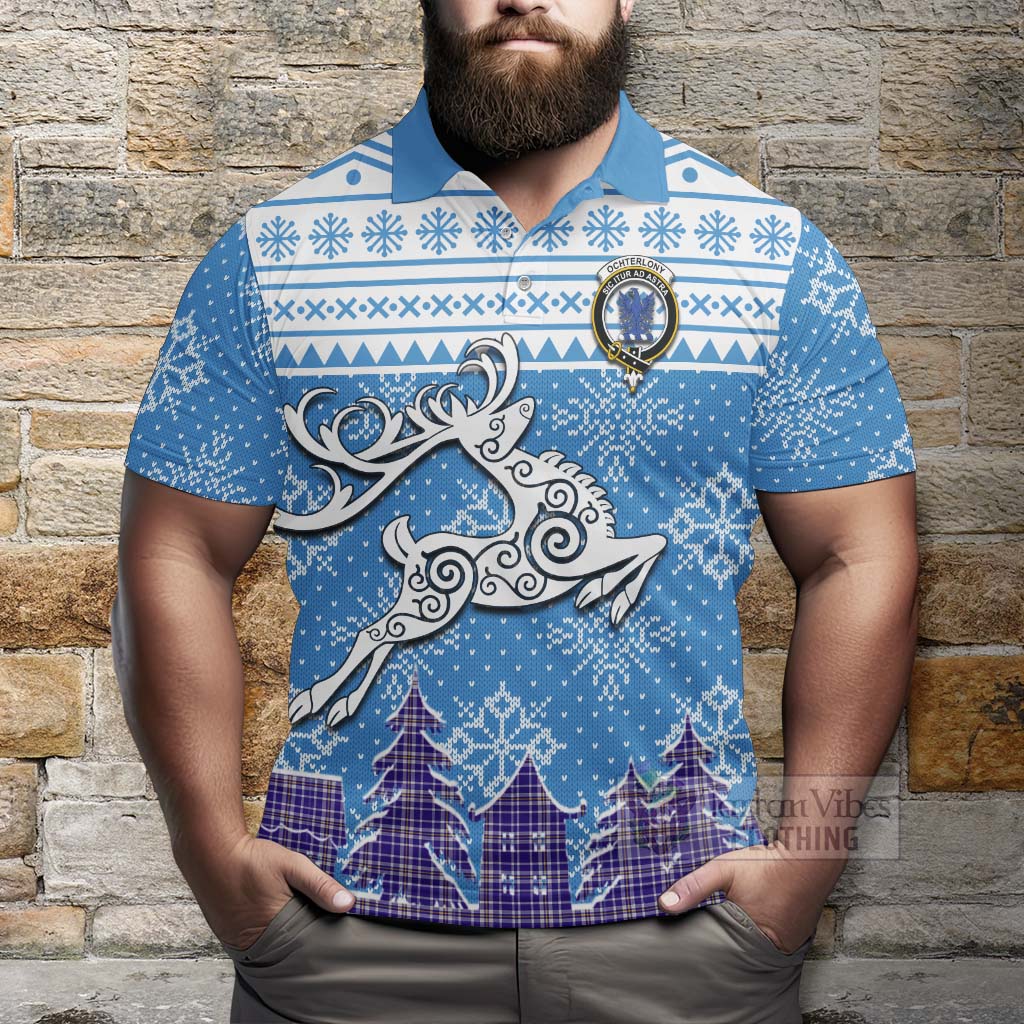 Ochterlony Clan Christmas Polo Shirt Celtic Reindeer Style - Tartan Vibes Clothing