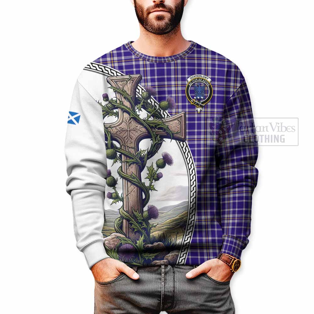 Ochterlony Tartan Sweatshirt with Family Crest and St. Andrew's Cross Accented by Thistle Vines - Tartan Vibes Clothing