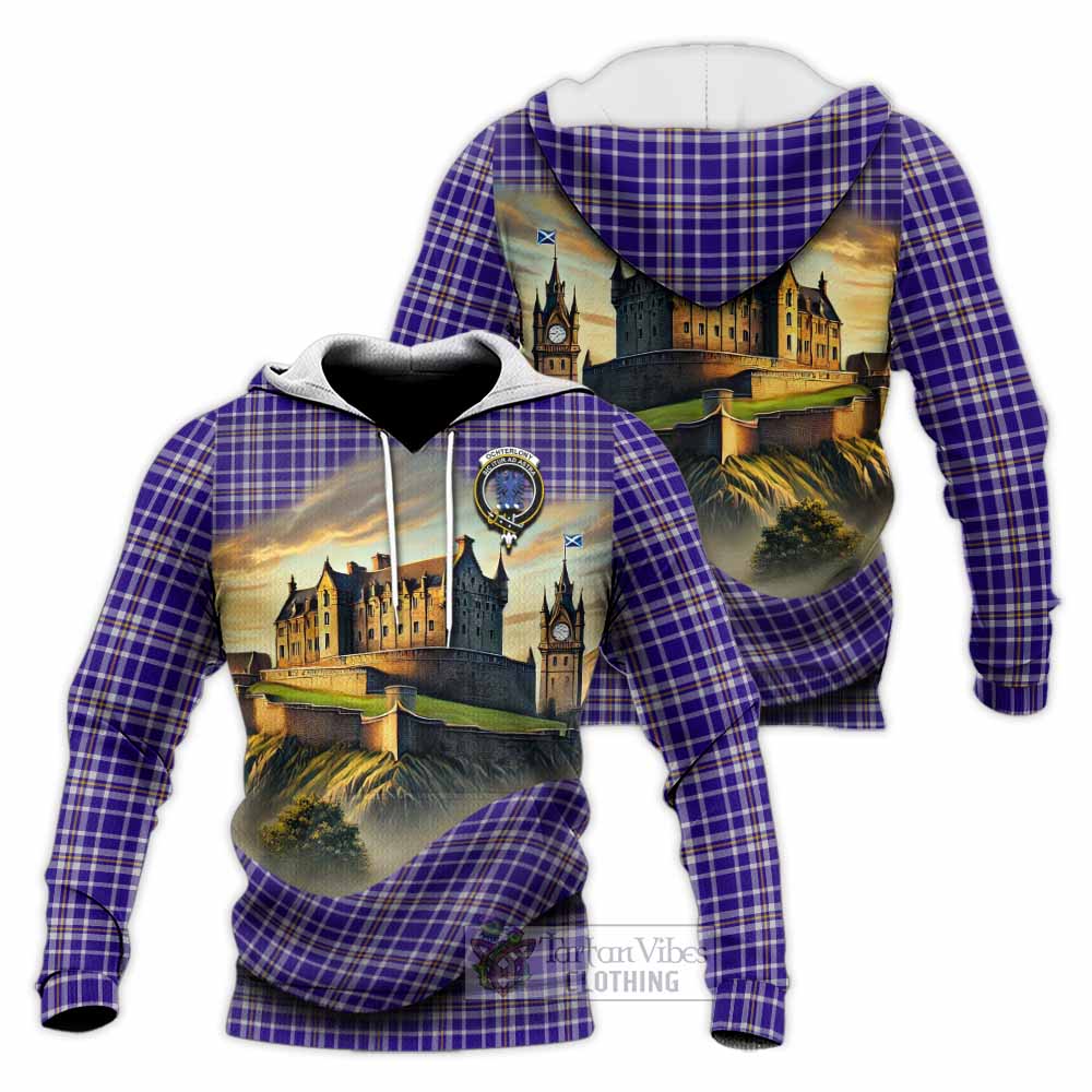Ochterlony Tartan Family Crest Knitted Hoodie with Scottish Ancient Castle Style - Tartan Vibes Clothing