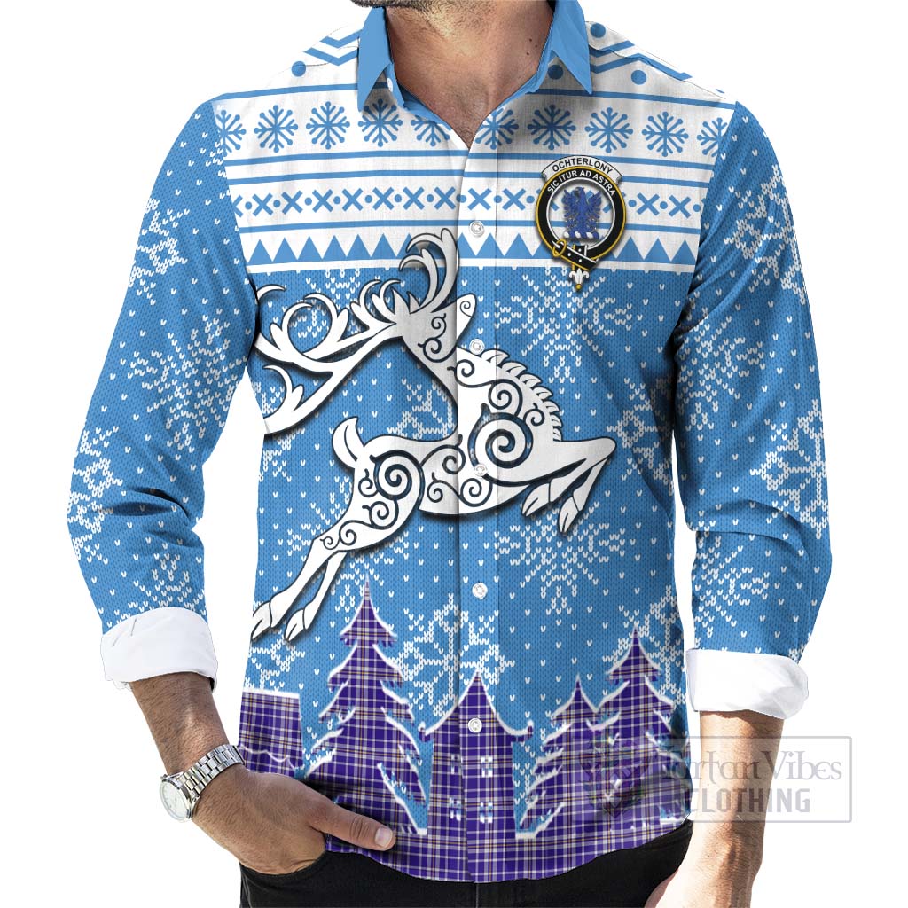 Ochterlony Clan Christmas Long Sleeve Button Shirt Celtic Reindeer Style - Tartan Vibes Clothing