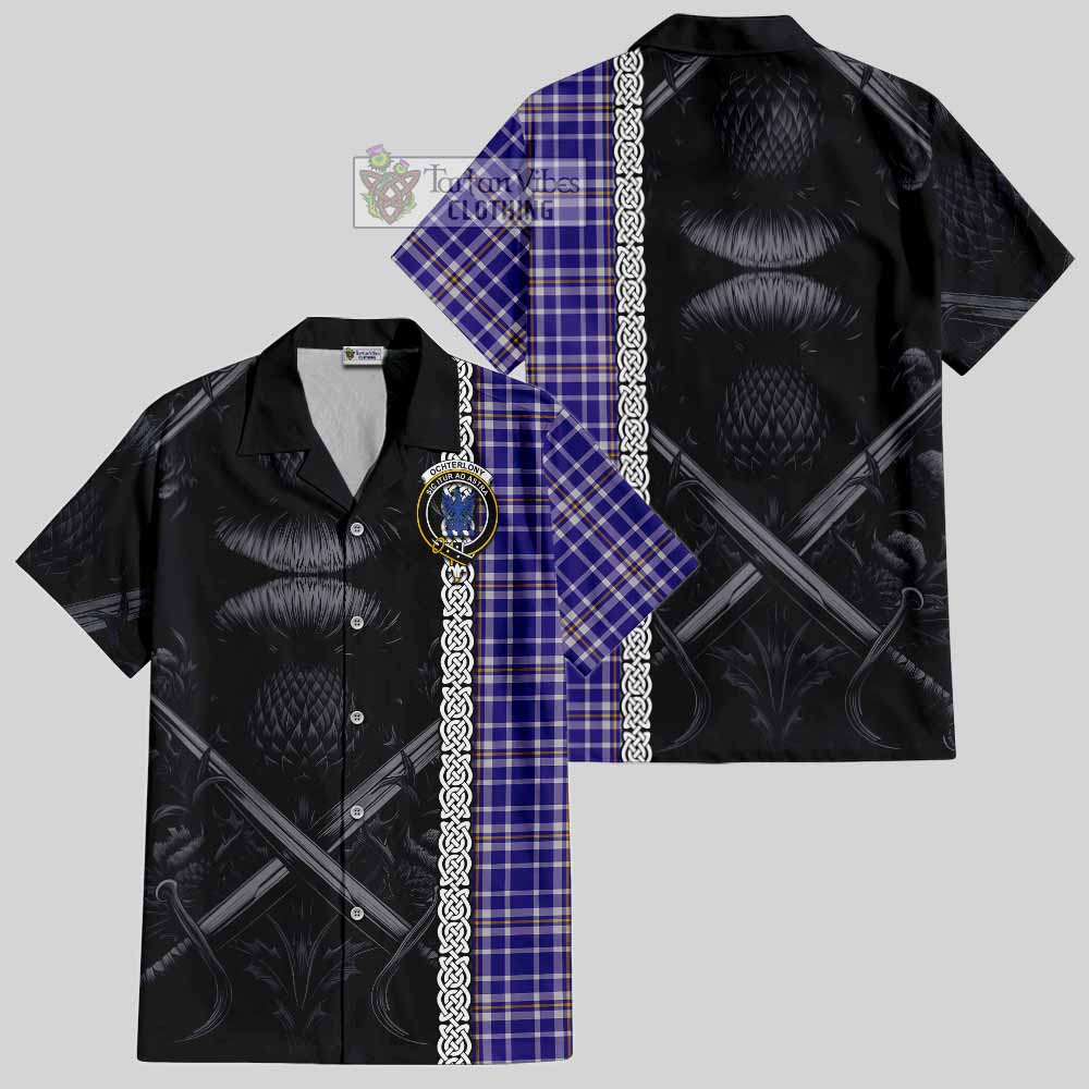 Ochterlony Tartan Hawaiian Shirt with Family Crest Cross Sword Thistle Celtic Vibes - Tartan Vibes Clothing