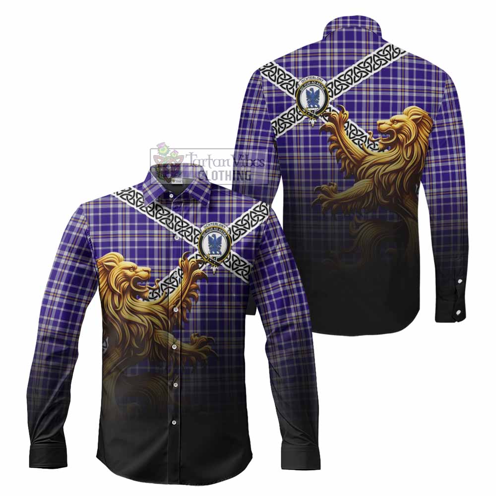 Ochterlony Crest Tartan Long Sleeve Button Shirt with Golden Lion Emblem Celtic Style - Tartan Vibes Clothing