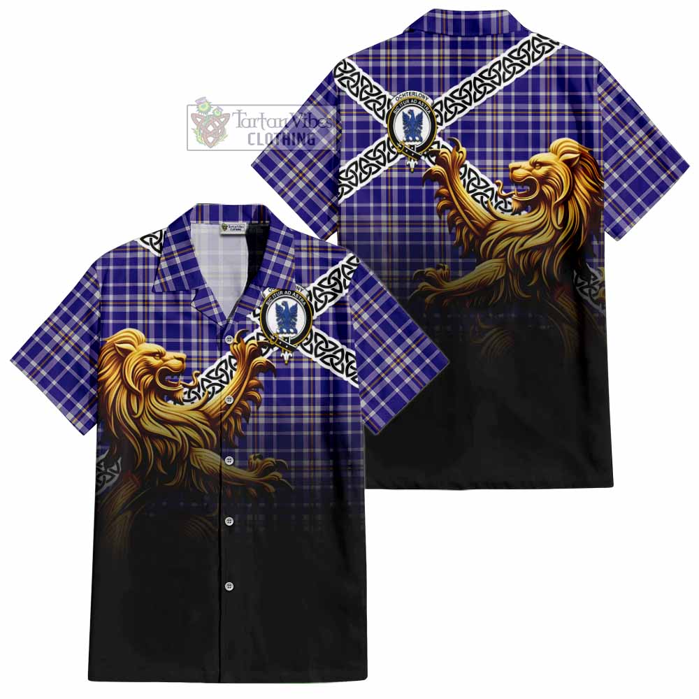 Ochterlony Crest Tartan Hawaiian Shirt with Golden Lion Emblem Celtic Style - Tartan Vibes Clothing