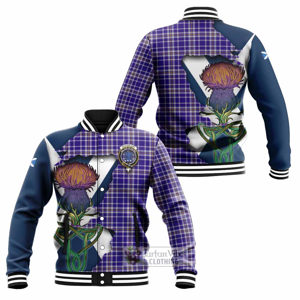 Ochterlony Tartan Family Crest Baseball Jacket Scottish Thistle Celtic Inspired - Tartan Vibes Clothing