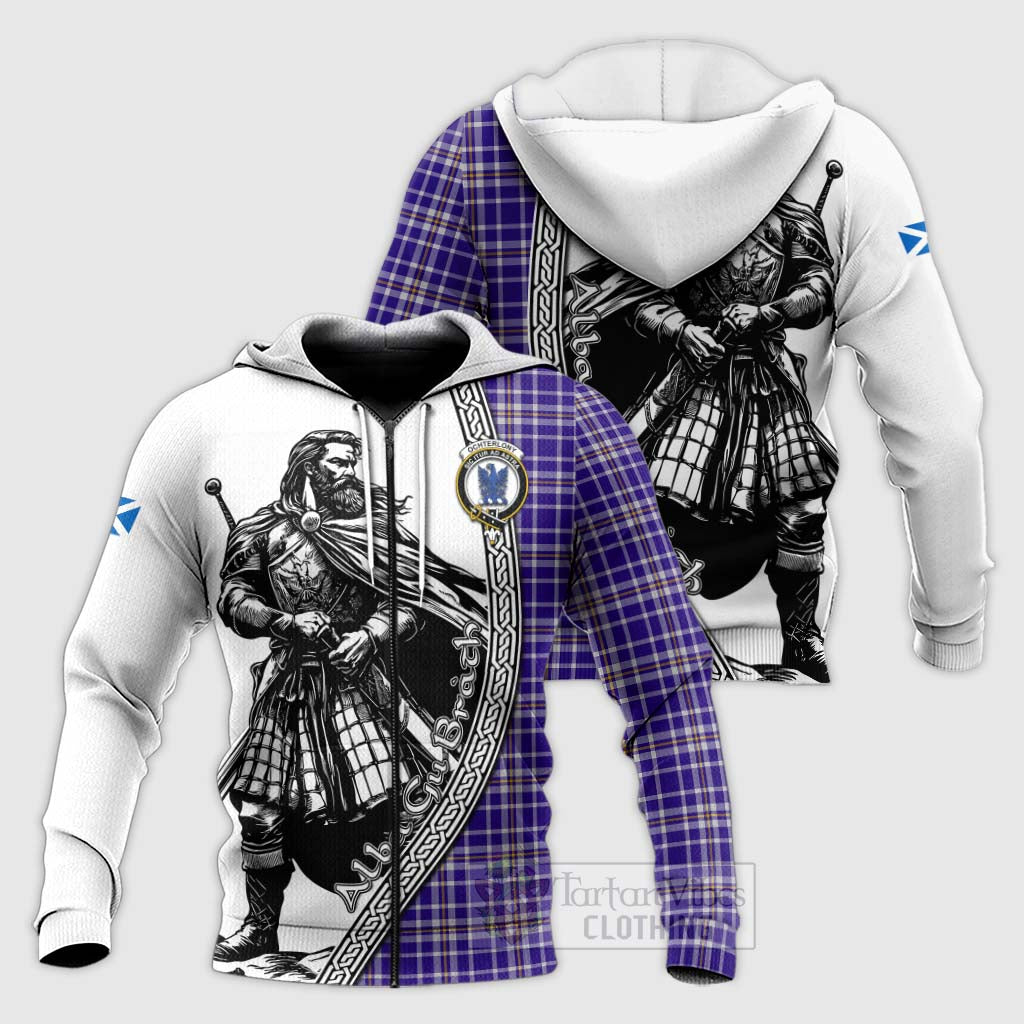 Ochterlony Tartan Clan Crest Knitted Hoodie with Highlander Warrior Celtic Style Unisex Knitted Zip Hoodie - Tartan Vibes Clothing