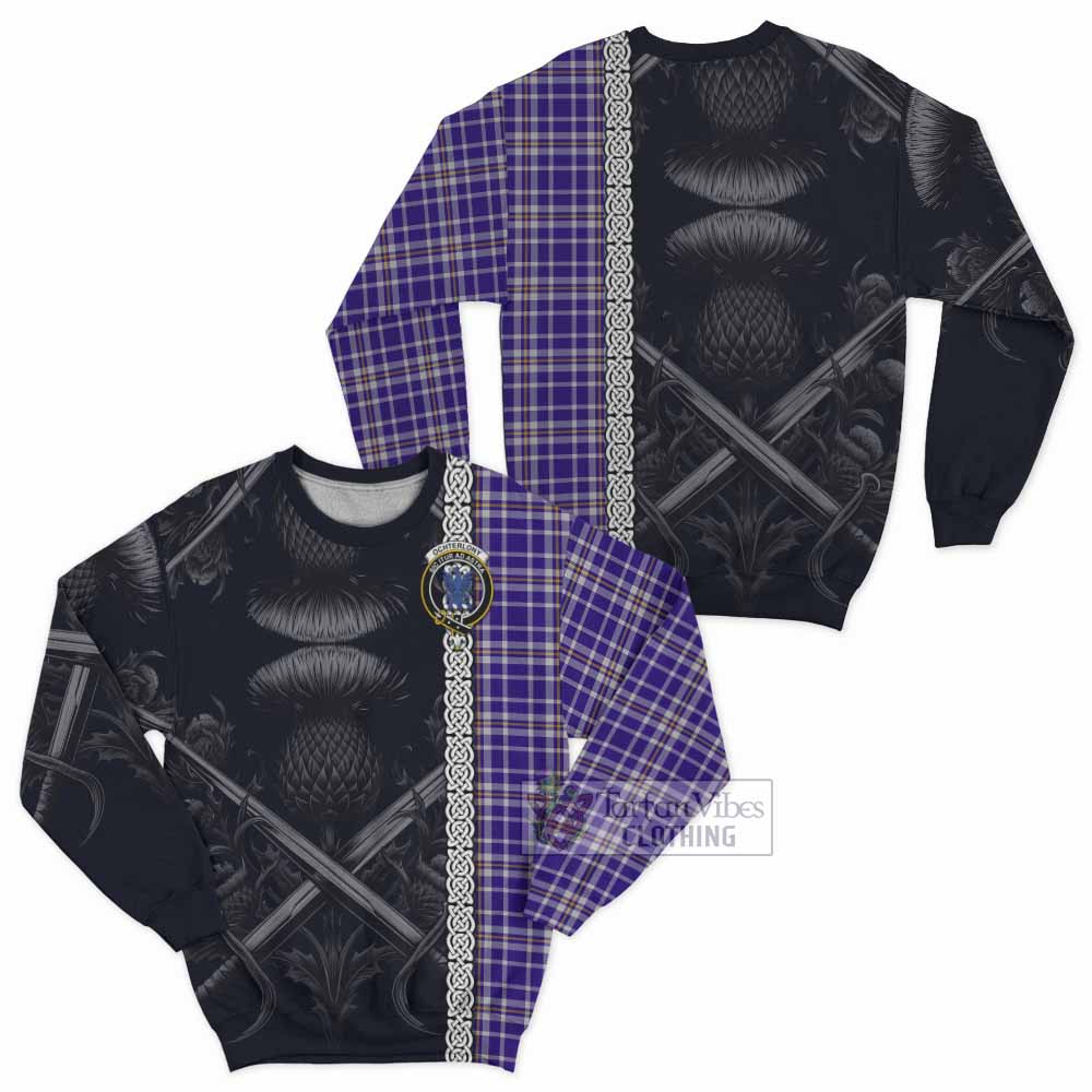 Ochterlony Tartan Sweatshirt with Family Crest Cross Sword Thistle Celtic Vibes - Tartan Vibes Clothing