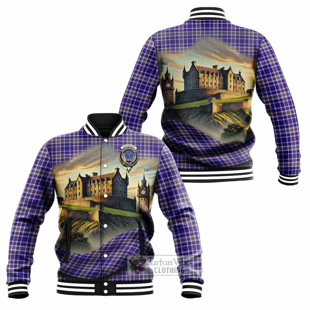 Ochterlony Tartan Family Crest Baseball Jacket with Scottish Ancient Castle Style - Tartan Vibes Clothing