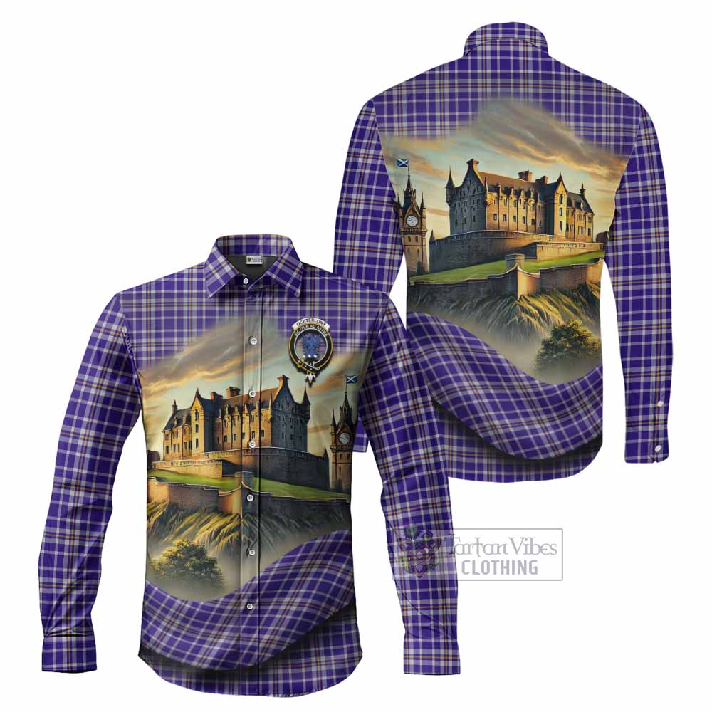 Tartan Vibes Clothing Ochterlony Tartan Family Crest Long Sleeve Button Shirt with Scottish Ancient Castle Style