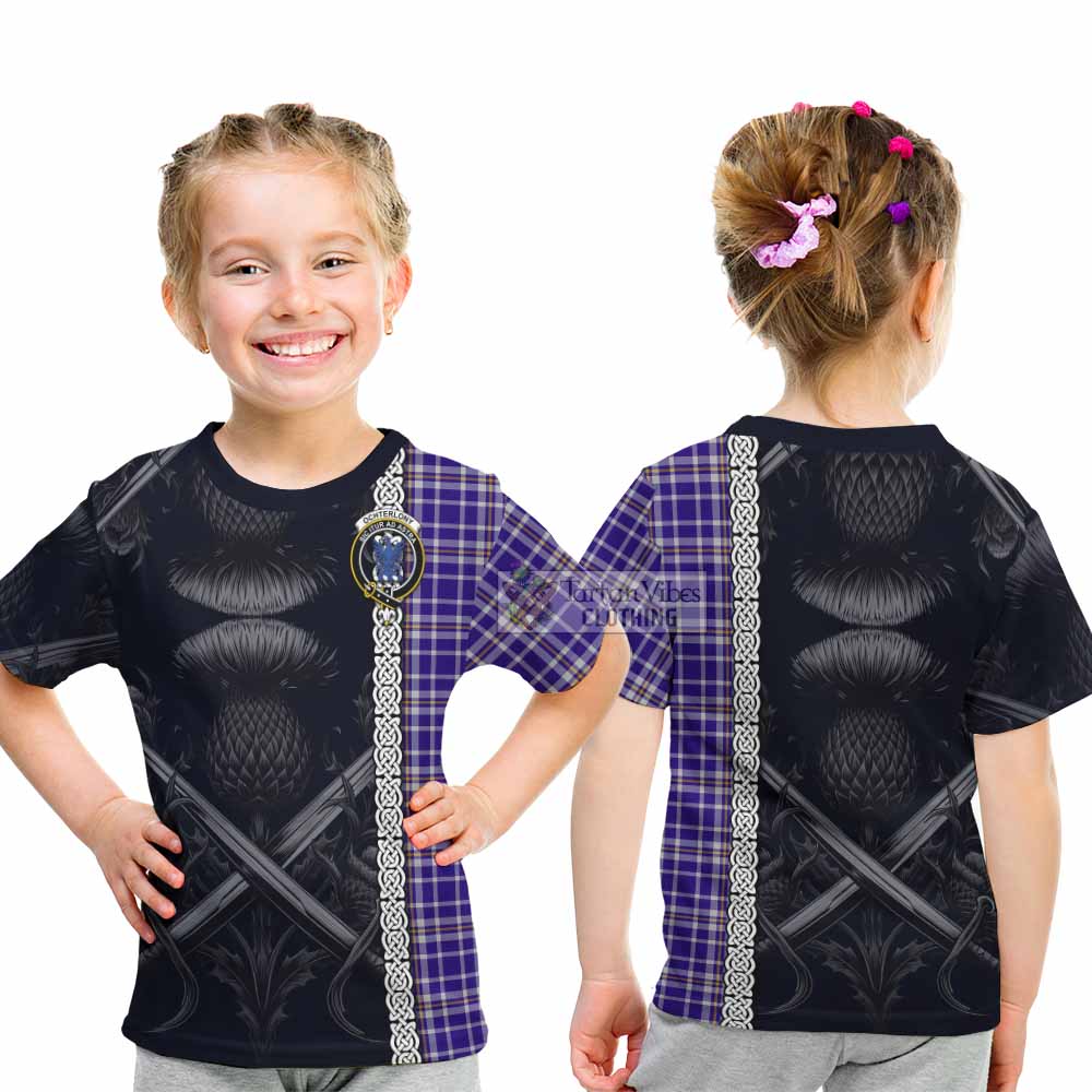 Ochterlony Tartan Kid T-Shirt with Family Crest Cross Sword Thistle Celtic Vibes - Tartan Vibes Clothing
