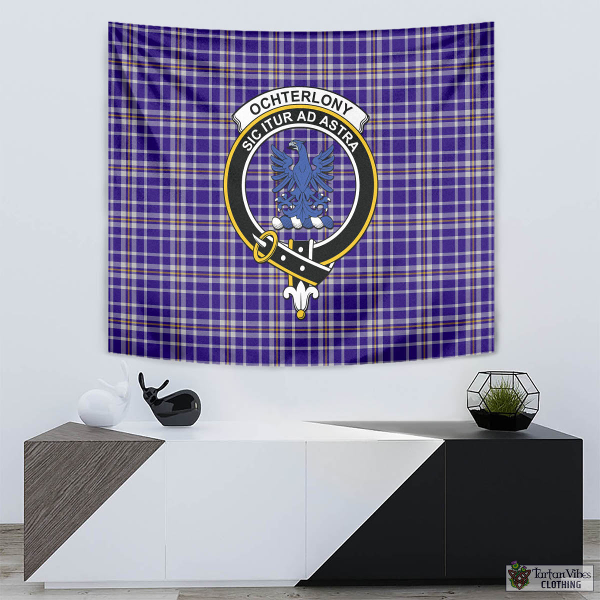 Tartan Vibes Clothing Ochterlony Tartan Tapestry Wall Hanging and Home Decor for Room with Family Crest