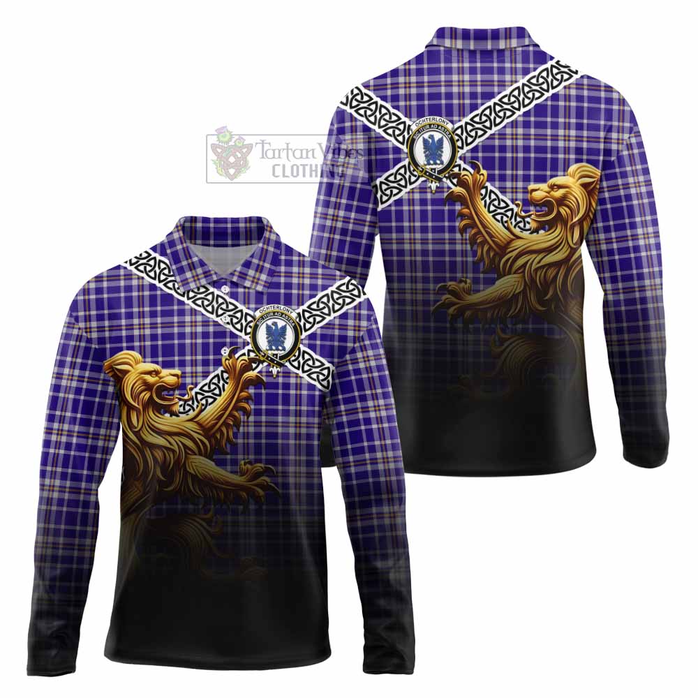 Ochterlony Crest Tartan Long Sleeve Polo Shirt with Golden Lion Emblem Celtic Style - Tartan Vibes Clothing