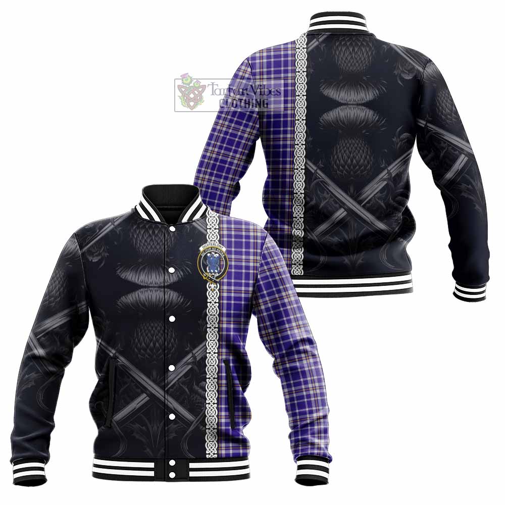 Ochterlony Tartan Baseball Jacket with Family Crest Cross Sword Thistle Celtic Vibes - Tartan Vibes Clothing